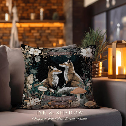 The Lovers Fox Pillow Custom Name | Woodland Decor Custom Dating Anniversary Meaningful Gift Housewarming Pillow Cottagecore Fox Couple Gift