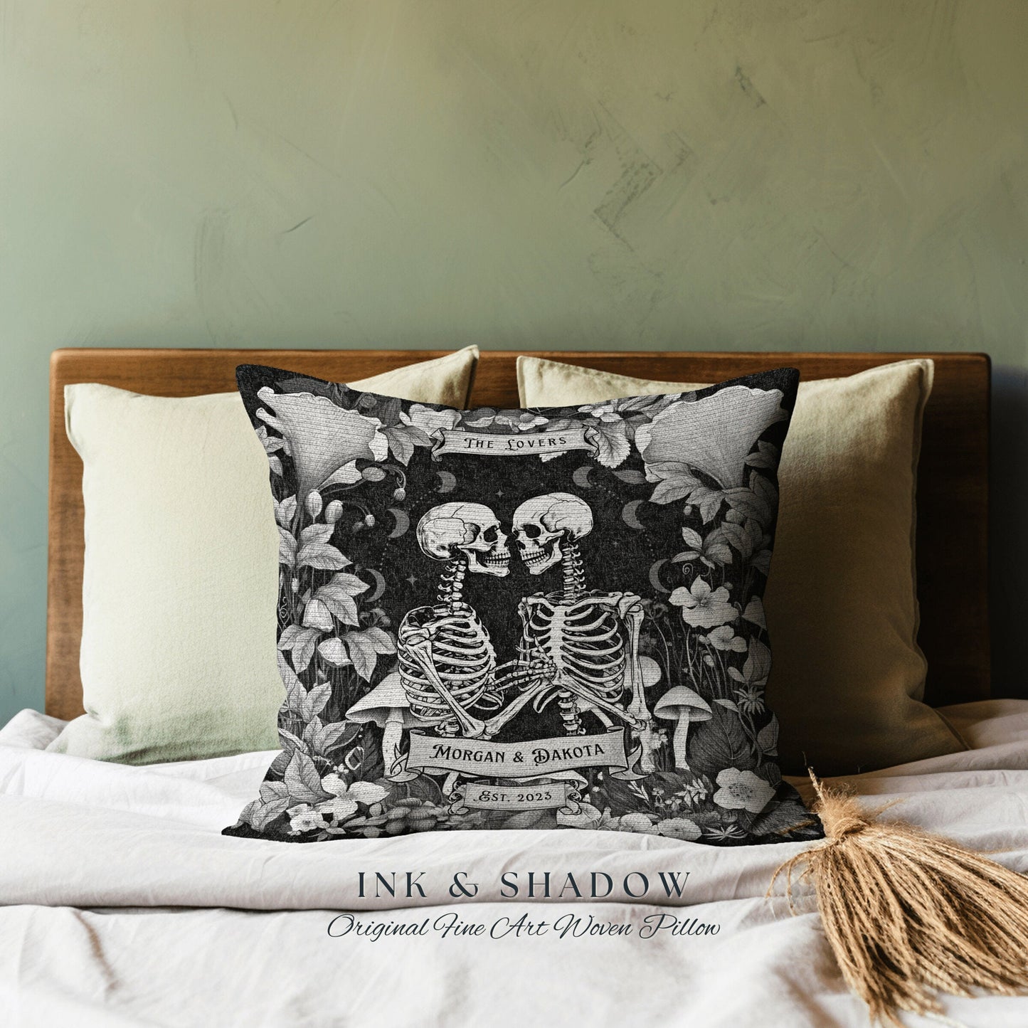 Tarot Lovers Skeleton Couple Pillow Woven | Cottagecore Decor Custom Anniversary Meaningful Gift for Couple Housewarming Gift Skeleton Lover