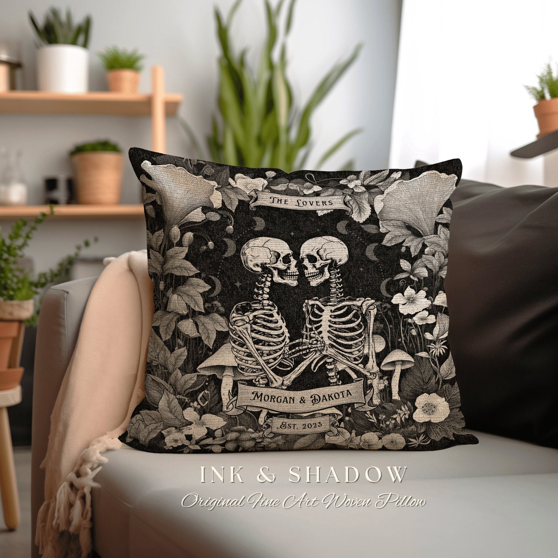 Tarot Lovers Skeleton Couple Pillow Woven | Cottagecore Decor Custom Anniversary Meaningful Gift for Couple Housewarming Gift Skeleton Lover