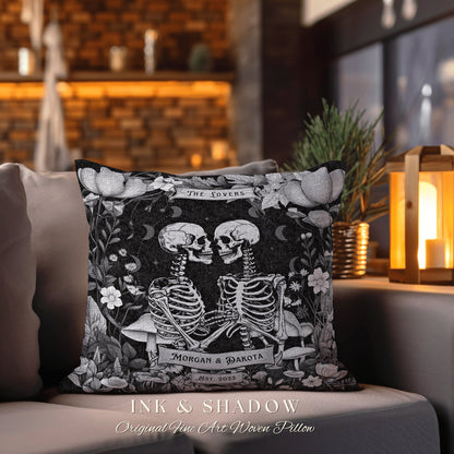 Custom Name Skeleton Pillow | Gothic Decor Custom Anniversary Meaningful Gift for Couple Housewarming Gift Skeleton Lovers Tarot Couple Gift