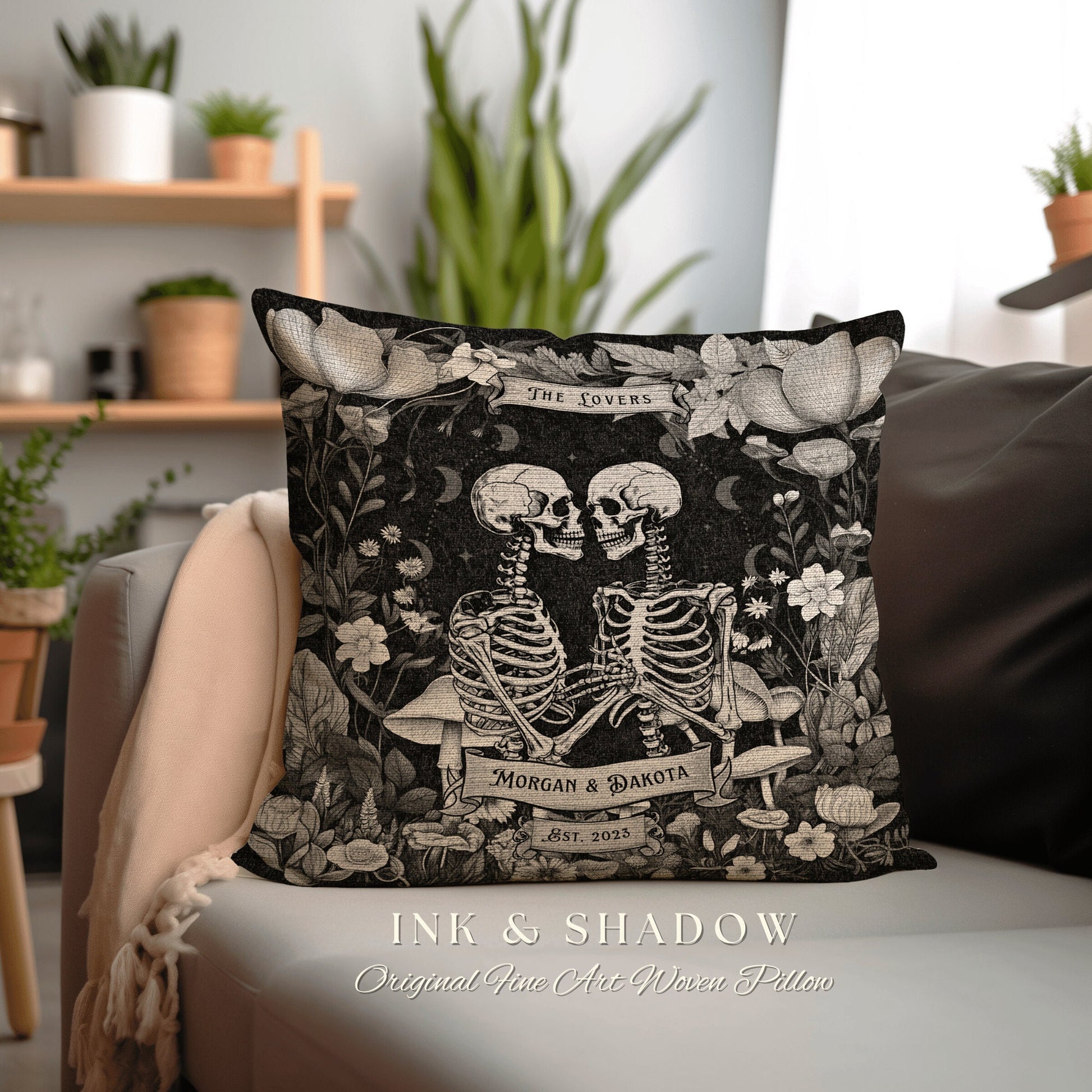 Custom Name Skeleton Pillow | Gothic Decor Custom Anniversary Meaningful Gift for Couple Housewarming Gift Skeleton Lovers Tarot Couple Gift