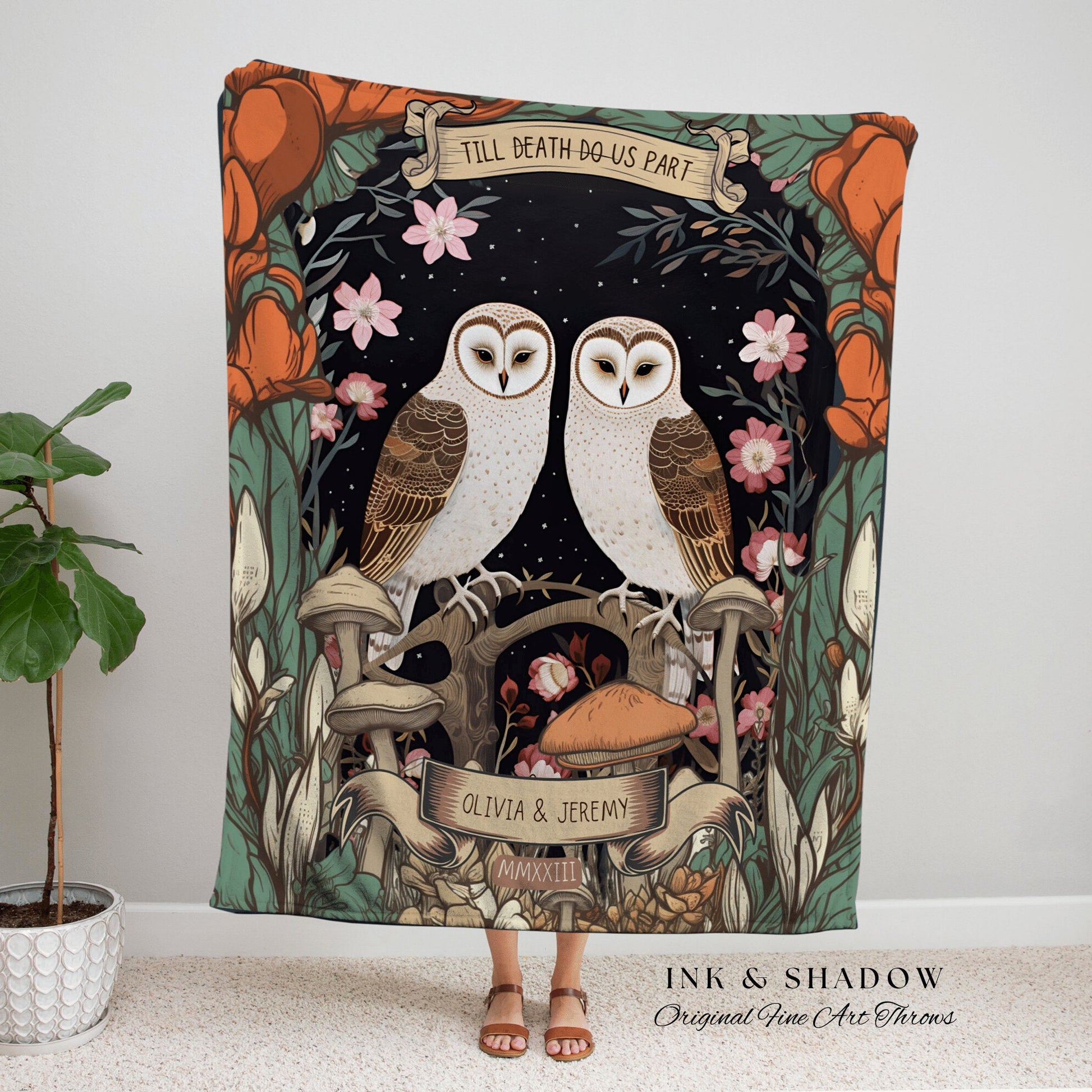 Owl Couple Anniversary Blanket | Woodland Wedding Gothic Owl Blanket Cute Couples Tapestry Personalized Mr & Mrs Anniversary Blanket Woven |