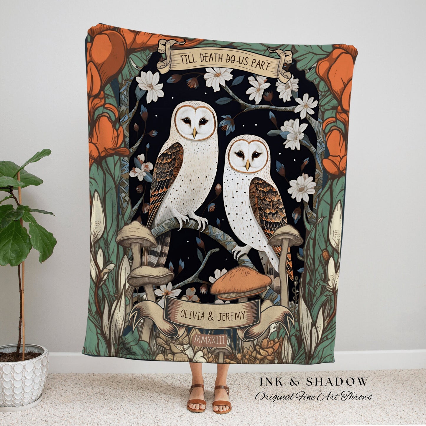 Barn Owl Couples Throw Blanket | Cottagecore Wedding Gothic Owl Throw Couples Tapestry Personalized His & Hers Anniversary Throw Blanket |