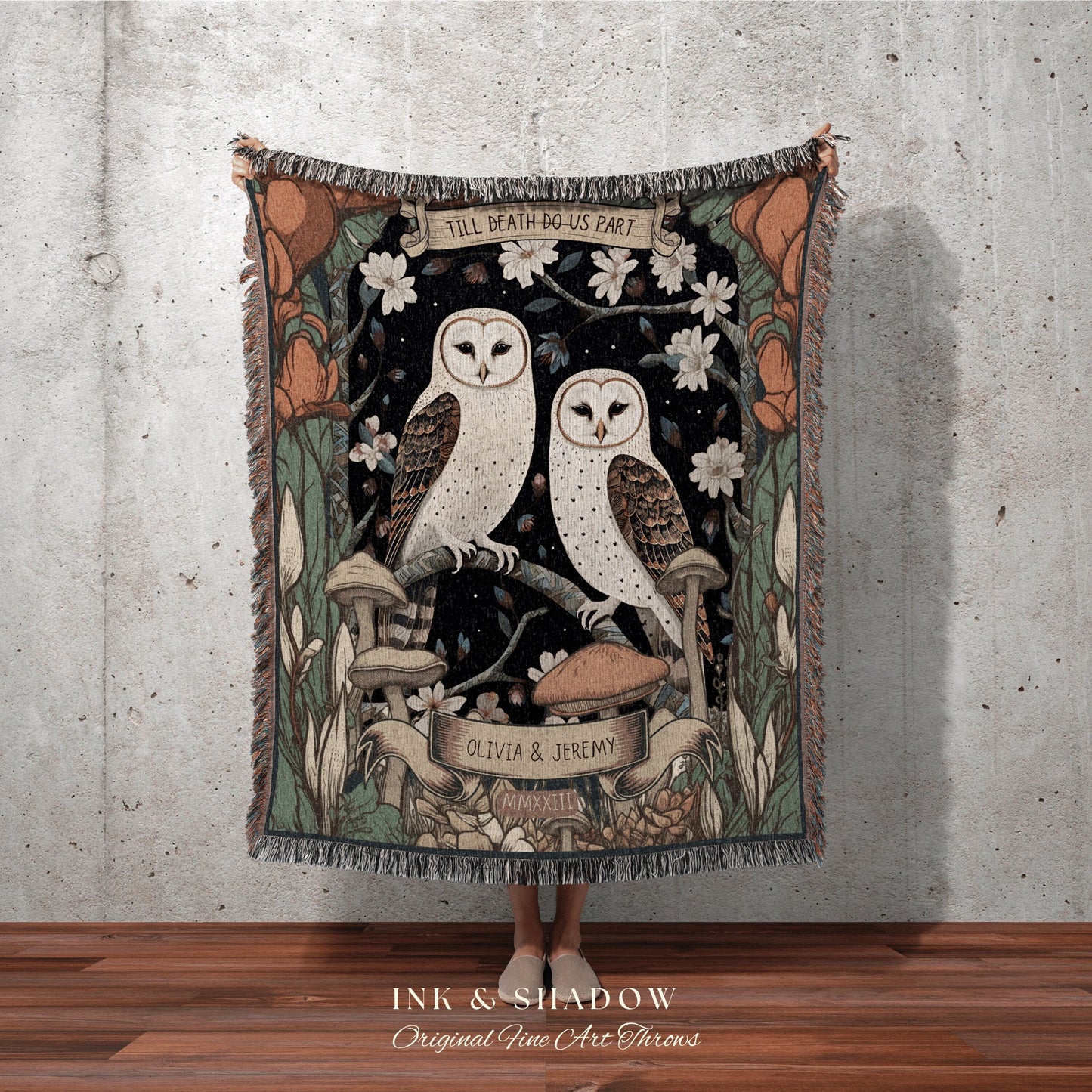 Barn Owl Couples Throw Blanket | Cottagecore Wedding Gothic Owl Throw Couples Tapestry Personalized His & Hers Anniversary Throw Blanket |