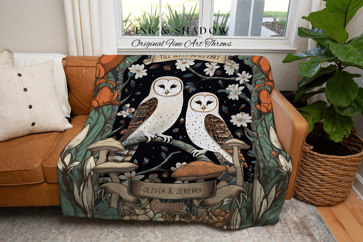 Barn Owl Couples Throw Blanket | Cottagecore Wedding Gothic Owl Throw Couples Tapestry Personalized His & Hers Anniversary Throw Blanket |