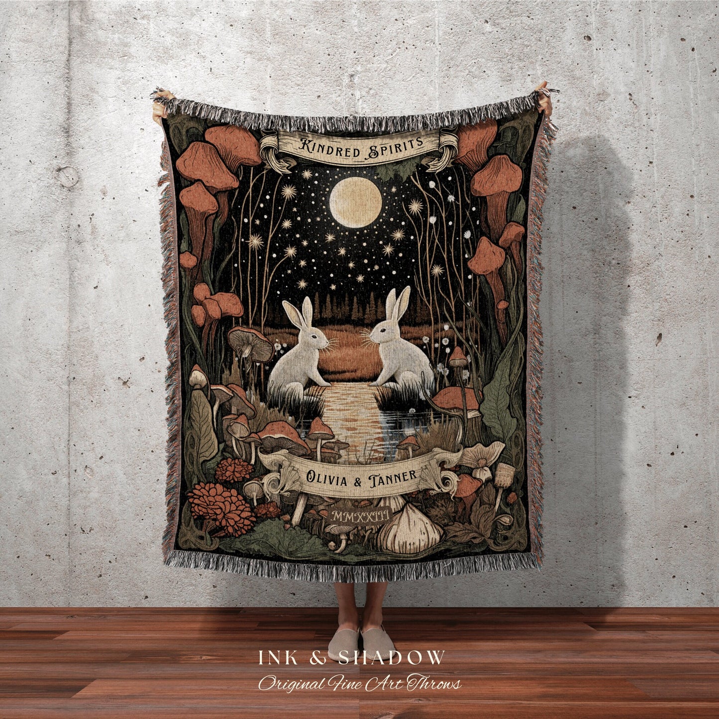 Woodland Gothic Couples Throw | Cottagecore Wedding Gothic Rabbit Blanket Custom Couples Tapestry Personalized Mr & Mrs Anniversary Blanket