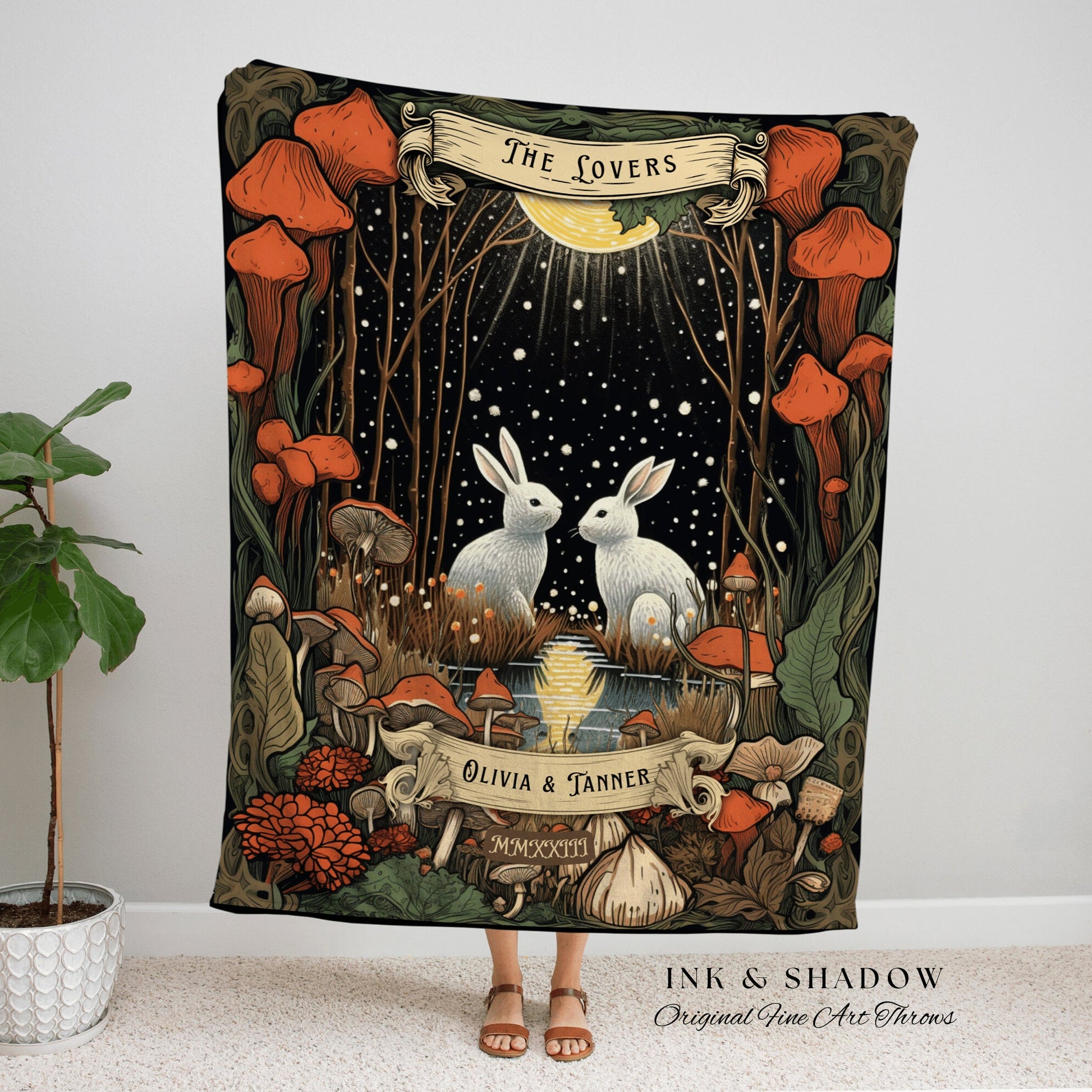 Custom 'The Lovers' Throw Blanket | Woodland Wedding Gothic Rabbit Blanket Custom Couples Tapestry Personalized Mr & Mrs Anniversary Throw |