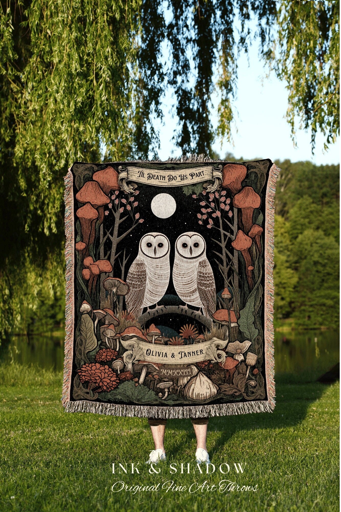 Whimsical Owl Blanket Woodland Couples Gift Gothic Wedding Custom Blanket Woven Gift for Goth Couples Holiday Owl Blanket Dark Cottagecore