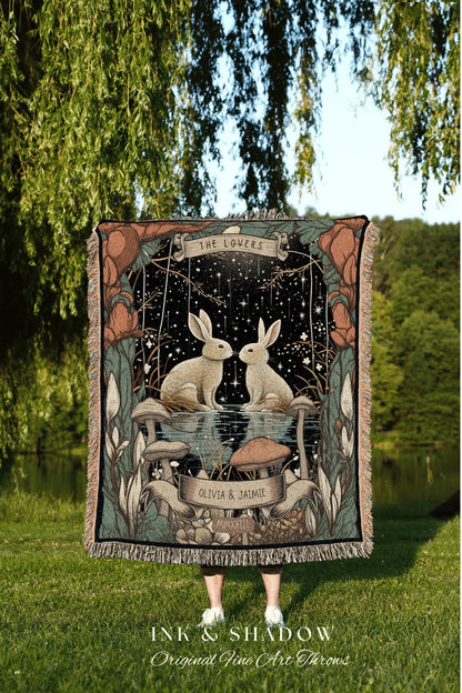 Rabbit Couple Custom Blanket | Woodland Wedding Gothic Rabbit Blanket Cute Couples Tapestry Personalized Mr & Mrs Anniversary Bunny Couple |