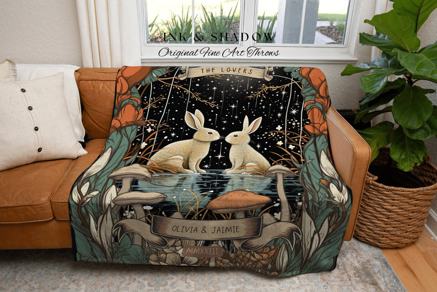 Rabbit Couple Custom Blanket | Woodland Wedding Gothic Rabbit Blanket Cute Couples Tapestry Personalized Mr & Mrs Anniversary Bunny Couple |