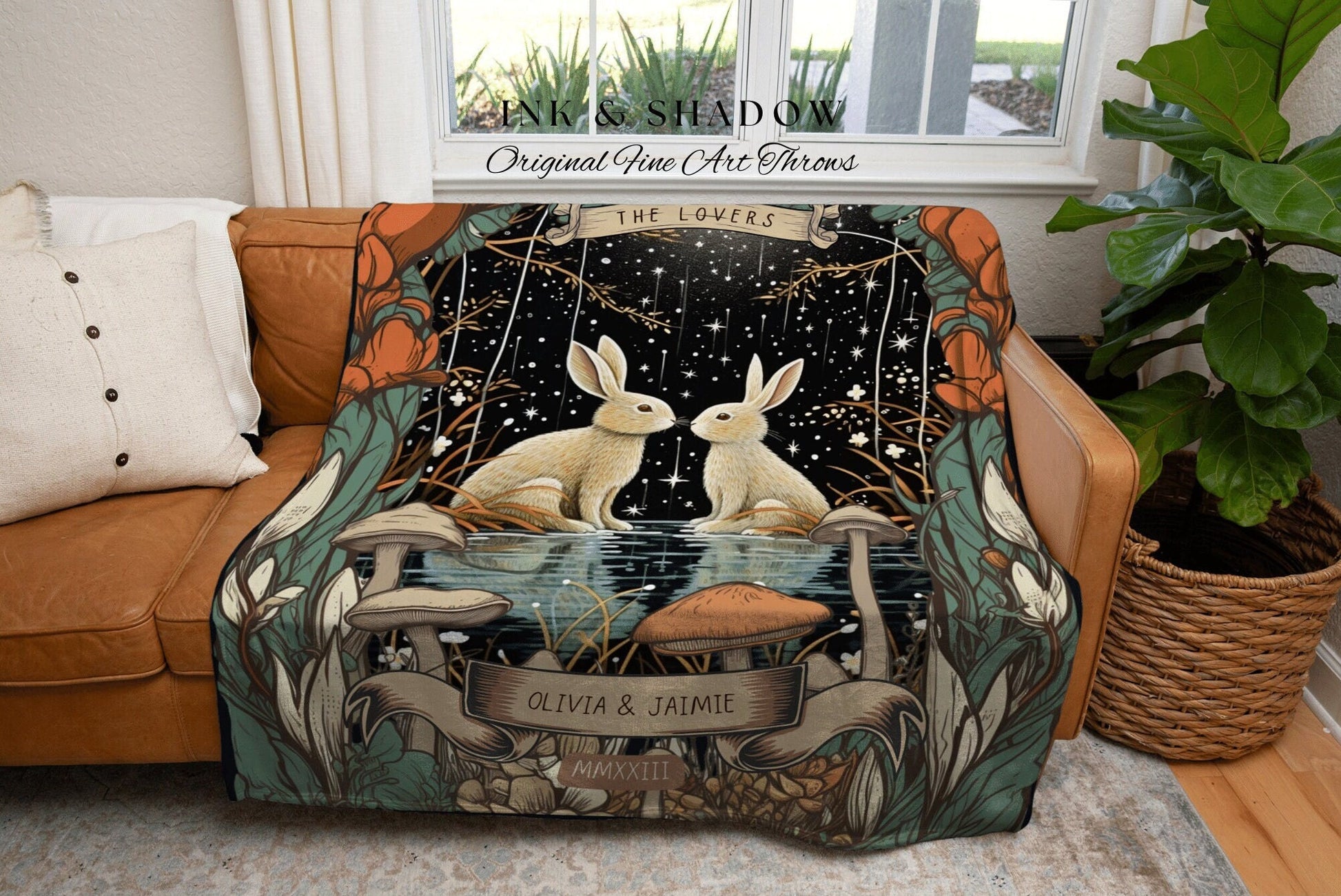 Rabbit Couple Custom Blanket | Woodland Wedding Gothic Rabbit Blanket Cute Couples Tapestry Personalized Mr & Mrs Anniversary Bunny Couple |