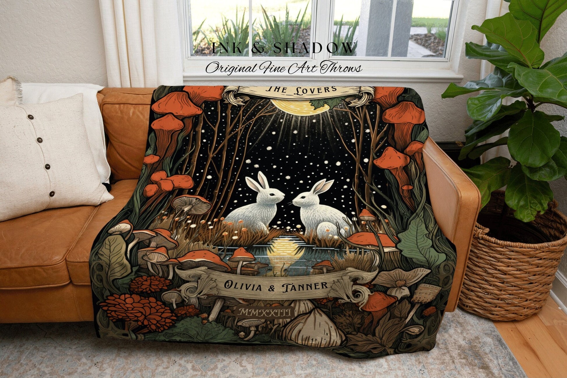 Custom 'The Lovers' Throw Blanket | Woodland Wedding Gothic Rabbit Blanket Custom Couples Tapestry Personalized Mr & Mrs Anniversary Throw |