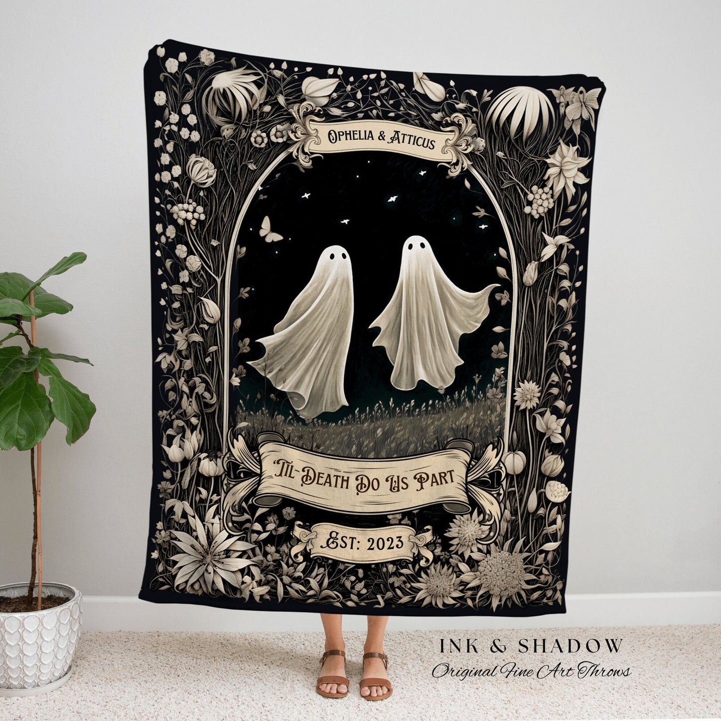 Ghost Couple 'Till Death Do Us Part' | Personalized Wedding Blanket Spooky Halloween Tapestry Woven Ghost Gifts His & Hers Anniversary Gifts