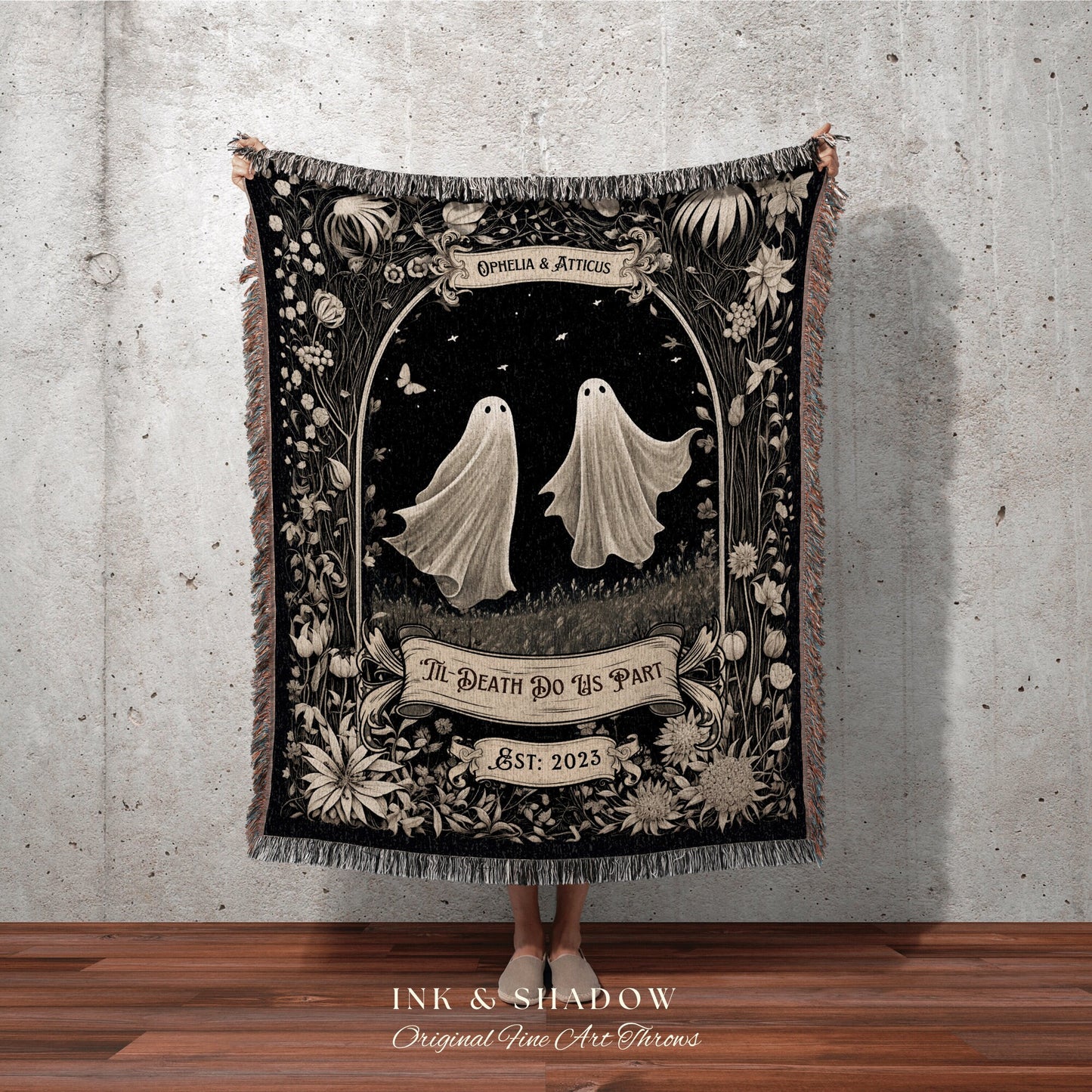 Ghost Couple 'Till Death Do Us Part' | Personalized Wedding Blanket Spooky Halloween Tapestry Woven Ghost Gifts His & Hers Anniversary Gifts