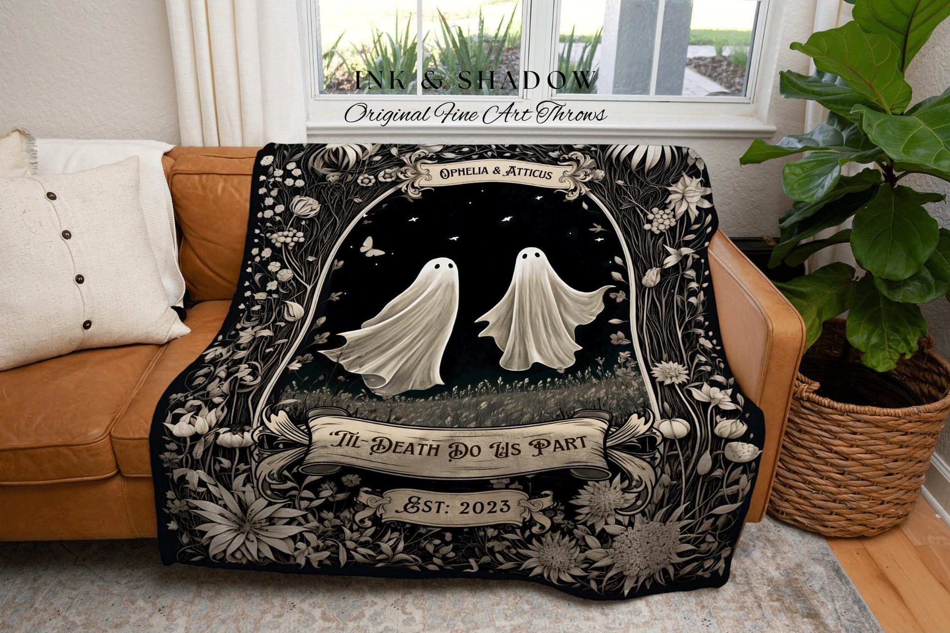 Ghost Couple 'Till Death Do Us Part' | Personalized Wedding Blanket Spooky Halloween Tapestry Woven Ghost Gifts His & Hers Anniversary Gifts