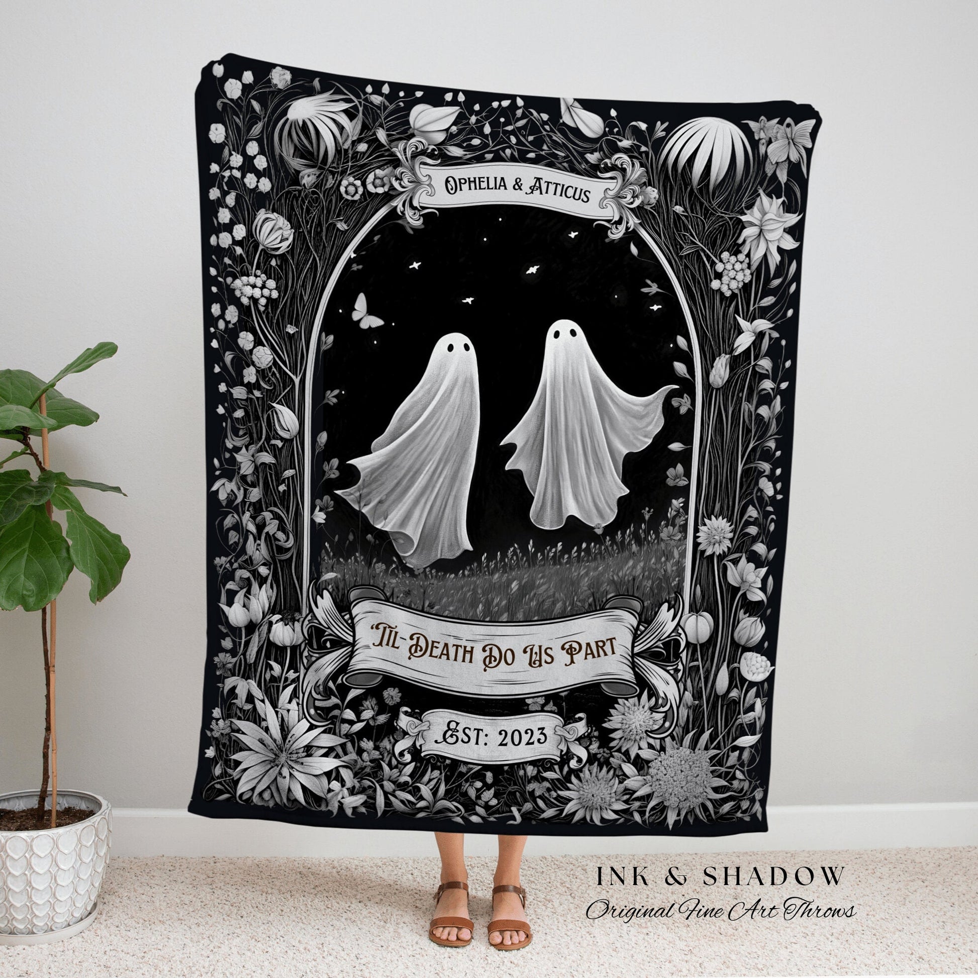 Custom Dating Anniversary Blanket Dark Academia Woven Cotton 2nd Anniversary Gift Personalized Wedding Tapestry Woven Ghost Couple Blanket