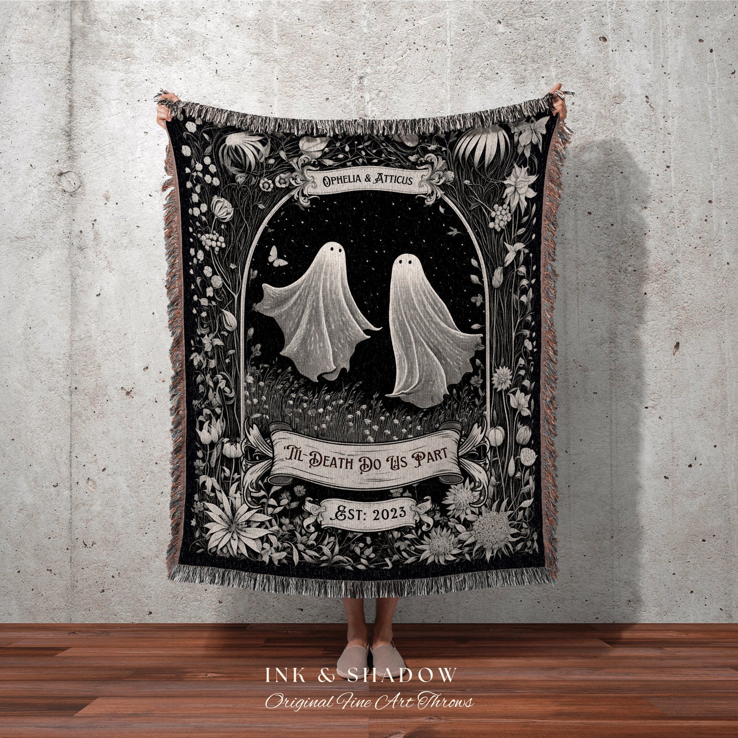 Whimsigoth Ghost Couple Blanket | Personalized Wedding Blanket Vintage Gothic Tapestry Woven Ghost Gifts His & Hers Anniversary Meaningful