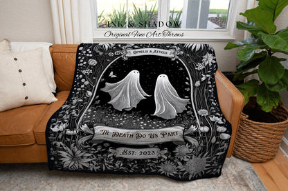 Whimsigoth Ghost Couple Blanket | Personalized Wedding Blanket Vintage Gothic Tapestry Woven Ghost Gifts His & Hers Anniversary Meaningful