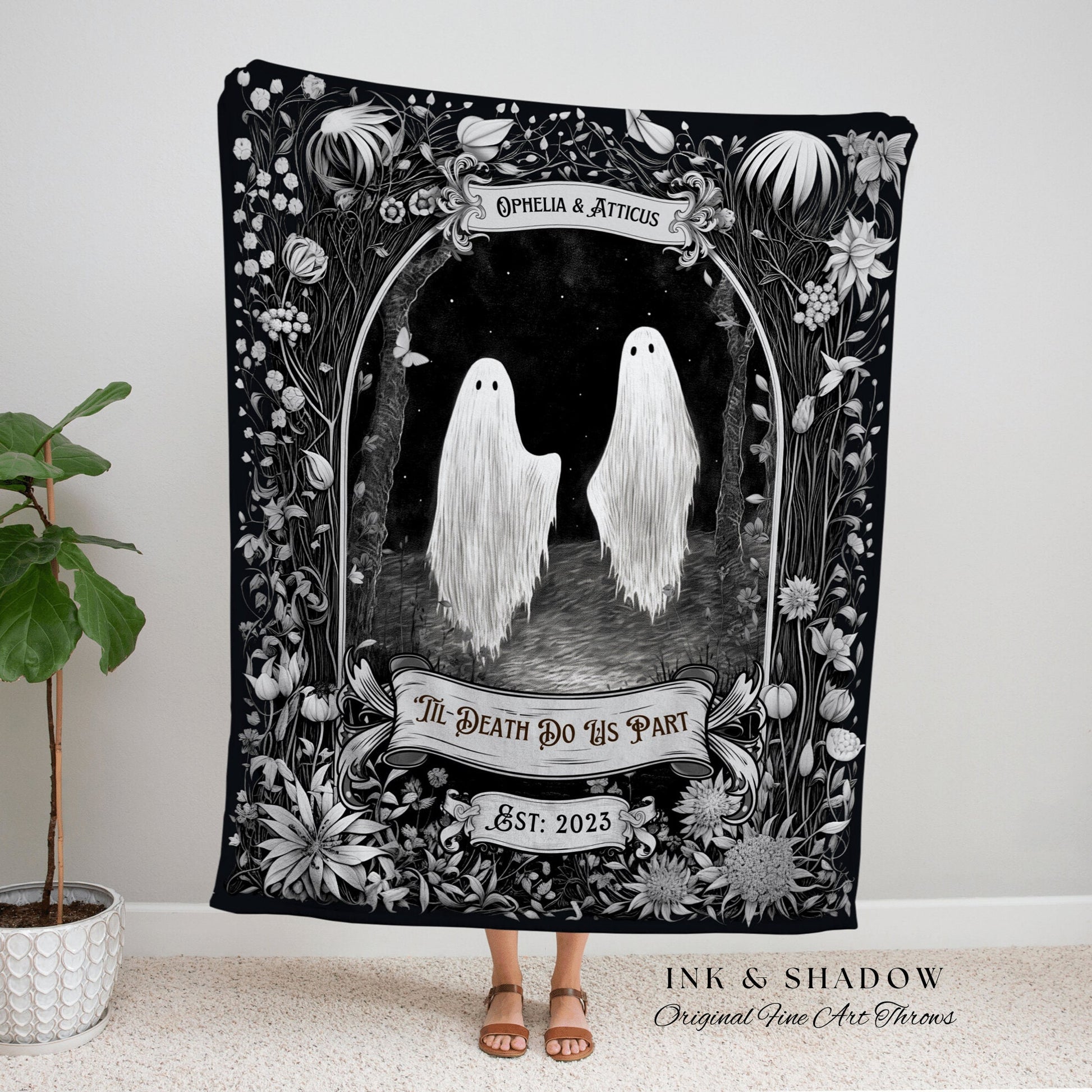 Dark Academia Ghost Blanket Woven | Personalized Wedding Blanket Spooky Halloween Tapestry Woven Ghost Gifts Mr & Mrs Anniversary Whimsical