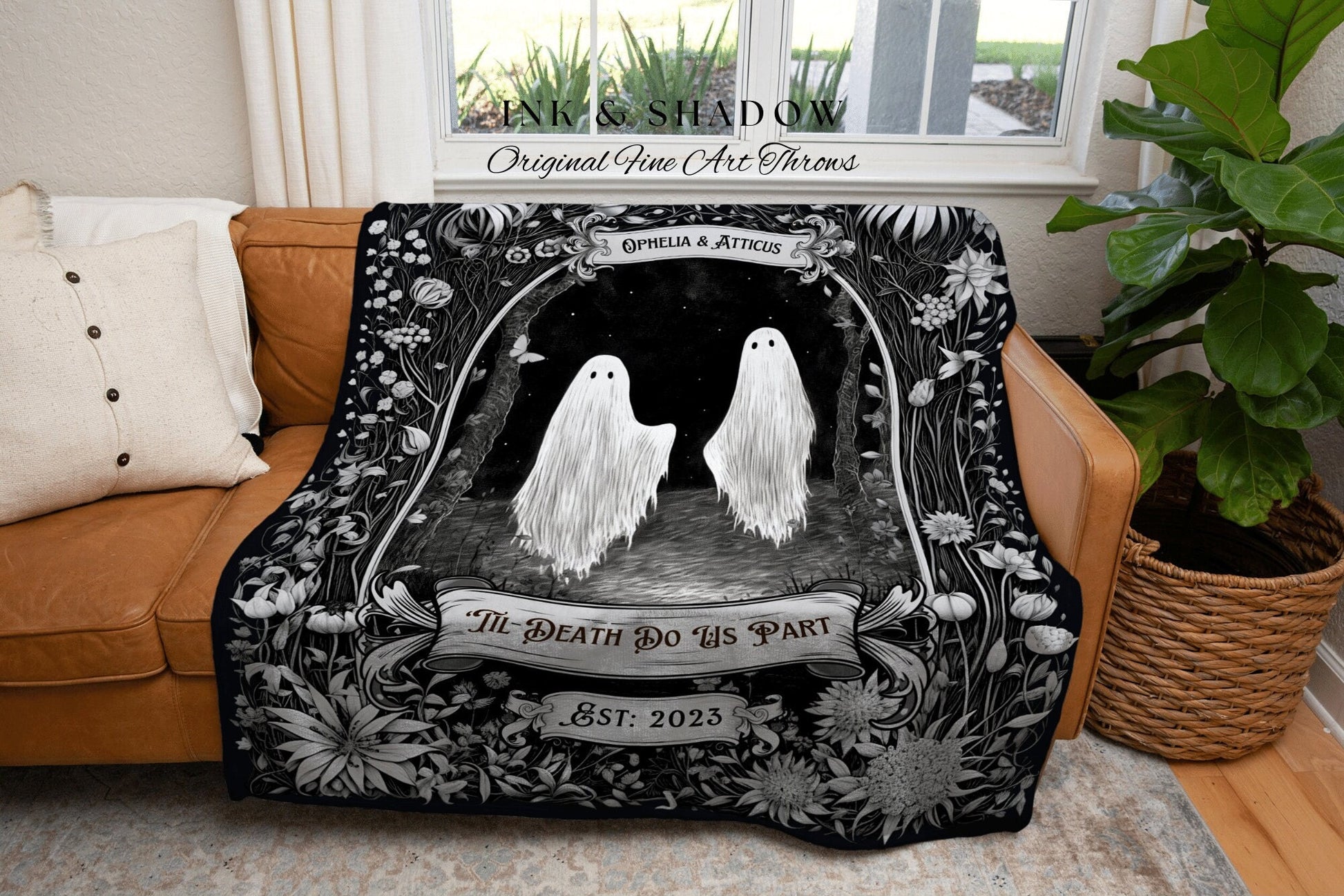 Dark Academia Ghost Blanket Woven | Personalized Wedding Blanket Spooky Halloween Tapestry Woven Ghost Gifts Mr & Mrs Anniversary Whimsical