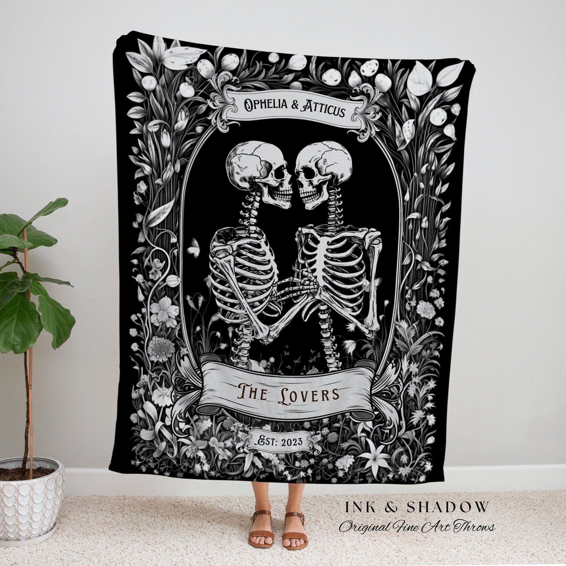 Skeleton Lovers Blanket Custom | Personalized Wedding Blanket Gothic Skeleton Couple Custom His & Hers Blanket Woven Tapestry Cottagecore |