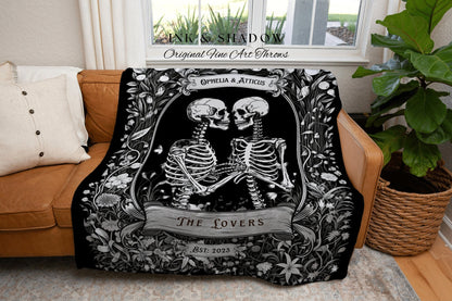 Skeleton Lovers Blanket Custom | Personalized Wedding Blanket Gothic Skeleton Couple Custom His & Hers Blanket Woven Tapestry Cottagecore |