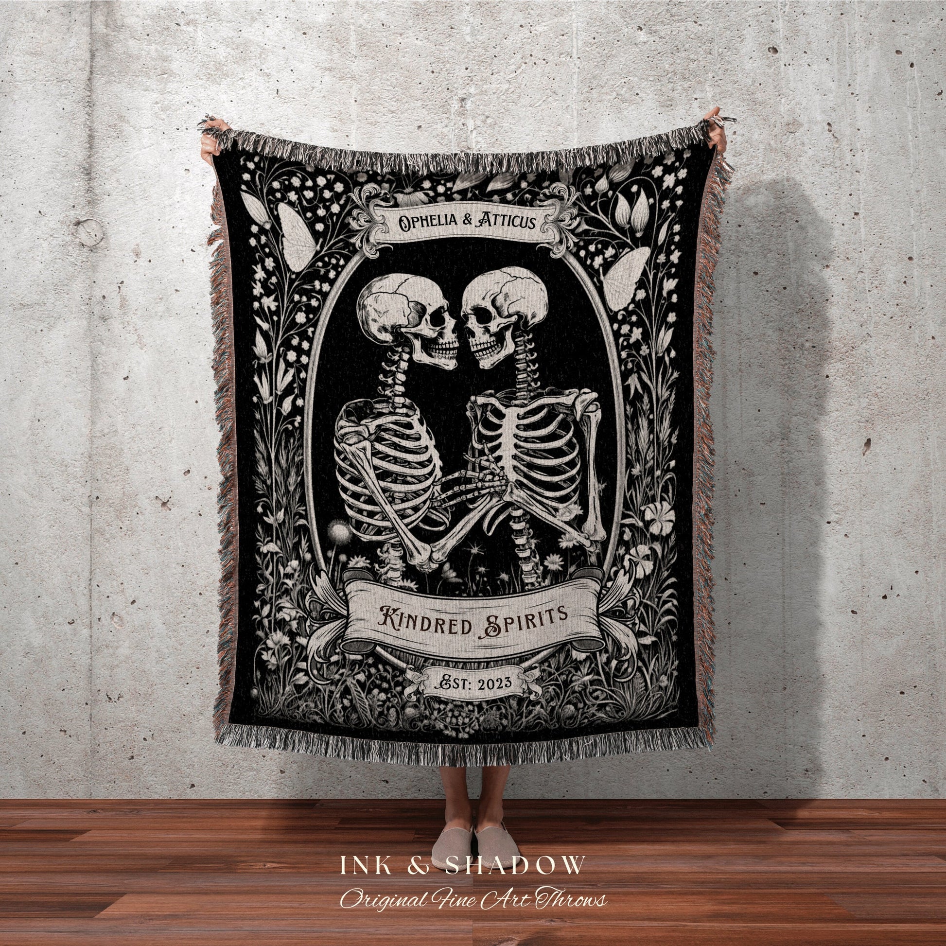 Kindred Spirits Skeleton Blanket | Personalized Best Friend Blanket Anniversary Gift for Goths Custom Skeleton Tapestry Bestie Blanket Goth