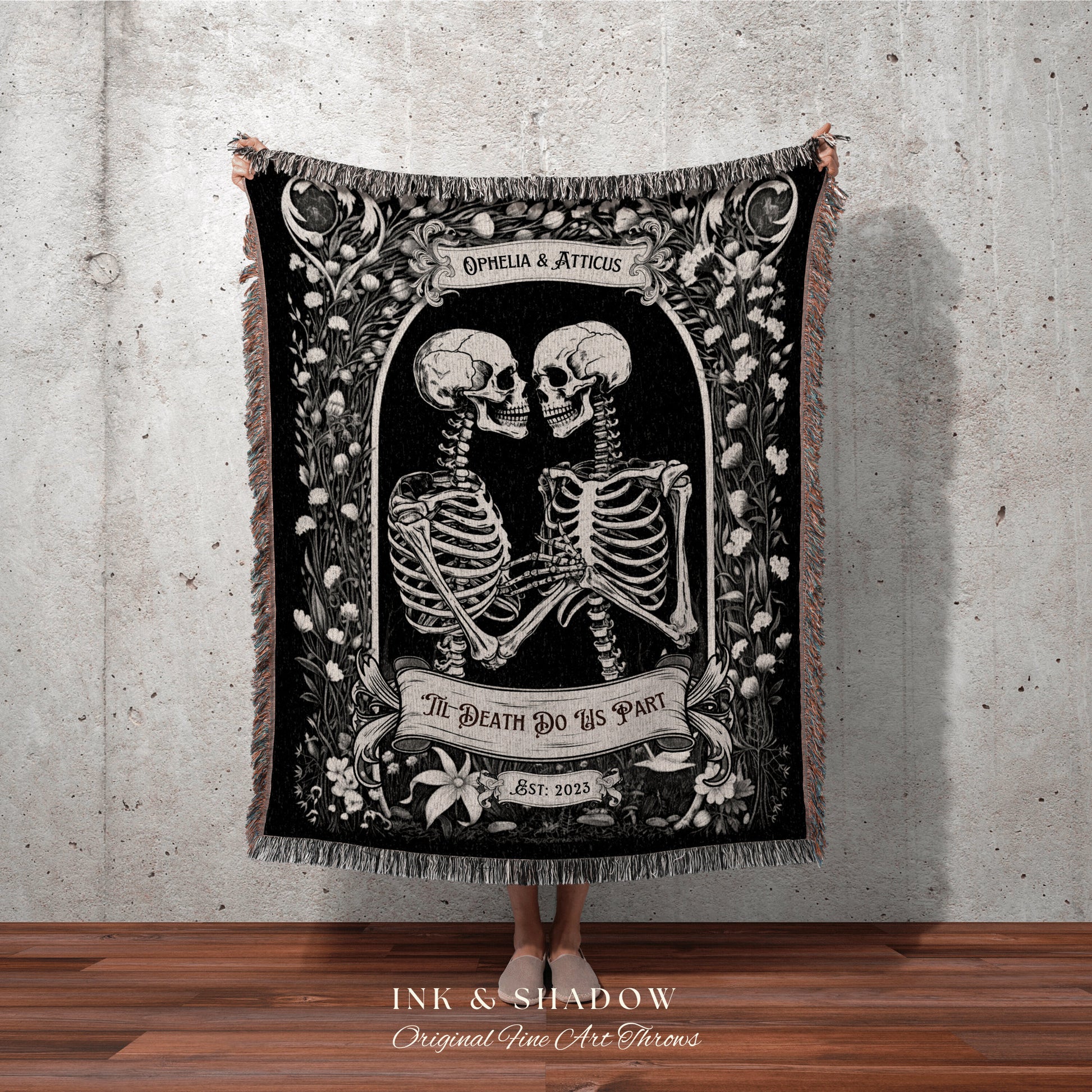 Goth Aesthetic Couples Blanket | Personalized Tapestry Gothic Wedding Custom Blanket Woven Tapestry Skeleton Couple Whimsical Wedding Custom