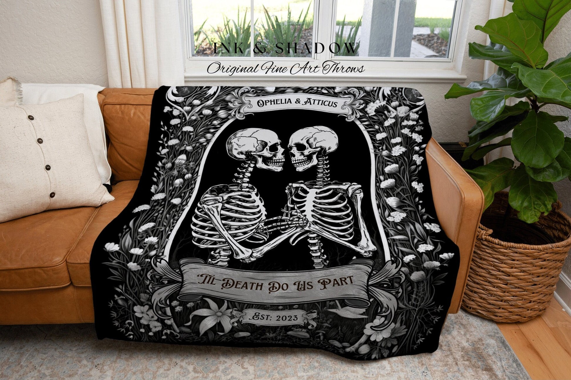 Goth Aesthetic Couples Blanket | Personalized Tapestry Gothic Wedding Custom Blanket Woven Tapestry Skeleton Couple Whimsical Wedding Custom