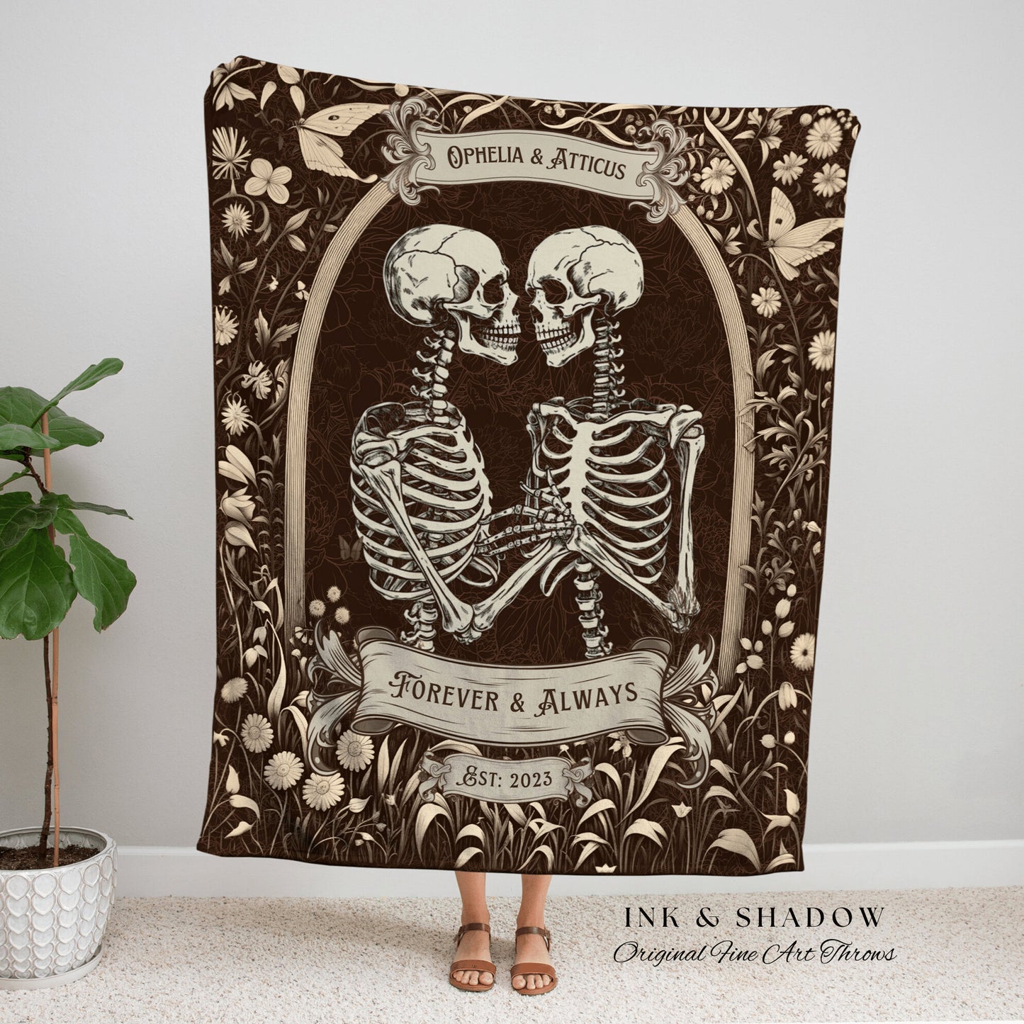 Skeleton Lovers Custom Blanket | Personalized Wedding Anniversary Blanket Unique Couple Gift for Goths Custom Tapestry Meaningful Gifts Goth