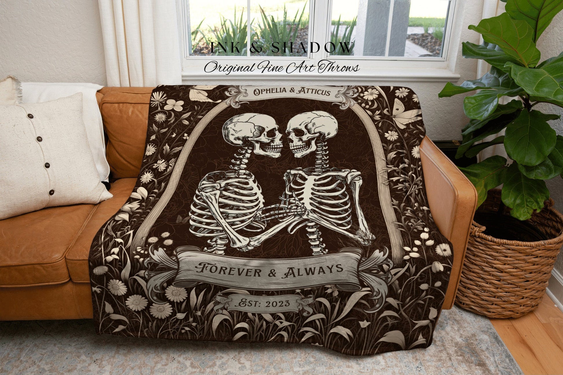 Skeleton Lovers Custom Blanket | Personalized Wedding Anniversary Blanket Unique Couple Gift for Goths Custom Tapestry Meaningful Gifts Goth