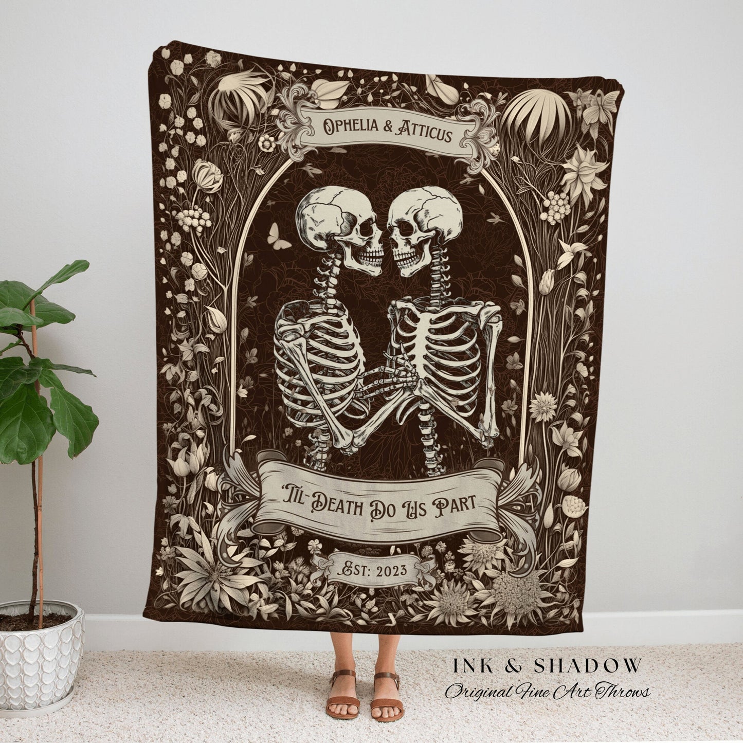 Skeleton Couple Anniversary Blanket | Personalized Wedding Anniversary Blanket Unique Couple Gift for Goths Custom Tapestry Meaningful Gifts