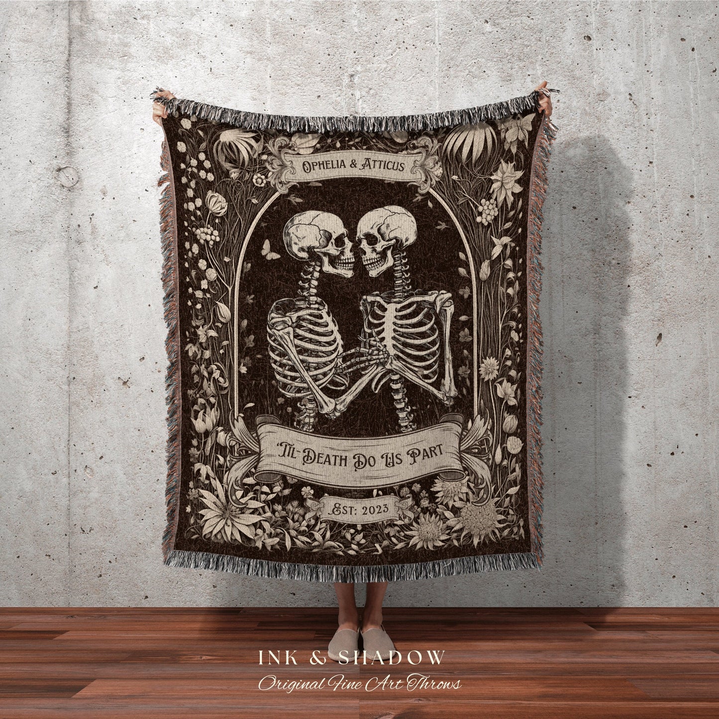 Skeleton Couple Anniversary Blanket | Personalized Wedding Anniversary Blanket Unique Couple Gift for Goths Custom Tapestry Meaningful Gifts