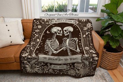 Skeleton Couple Anniversary Blanket | Personalized Wedding Anniversary Blanket Unique Couple Gift for Goths Custom Tapestry Meaningful Gifts