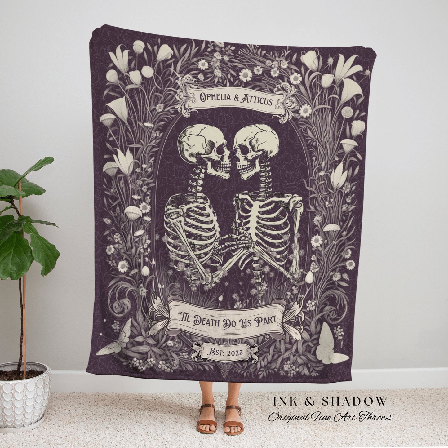 Anniversary Blanket Custom Name Gift | Personalized Tapestry Gothic Wedding Custom Blanket Woven Tapestry Skeleton Couple Whimsical Wedding