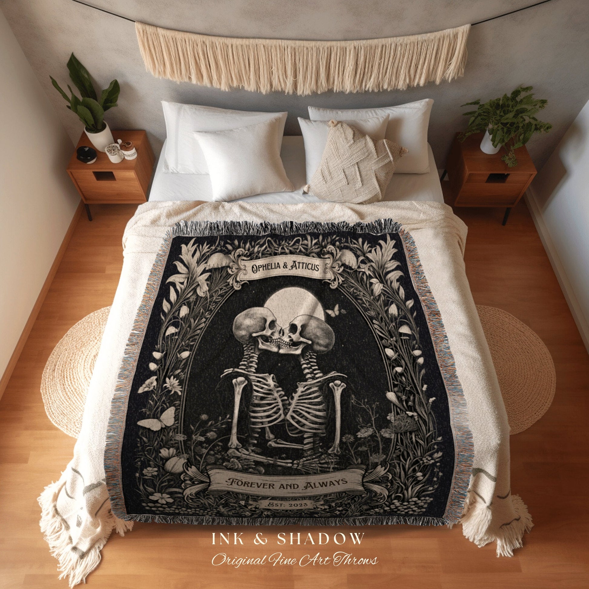 Moonlit Skeletons Couple Blanket | Personalized Wedding Anniversary Blanket Unique Couple Gift for Goths Custom Tapestry Meaningful Gifts |