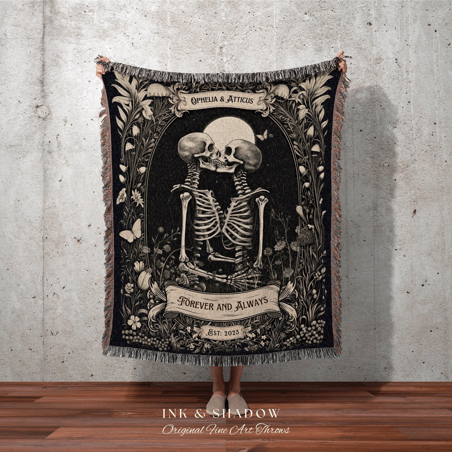 Moonlit Skeletons Couple Blanket | Personalized Wedding Anniversary Blanket Unique Couple Gift for Goths Custom Tapestry Meaningful Gifts |