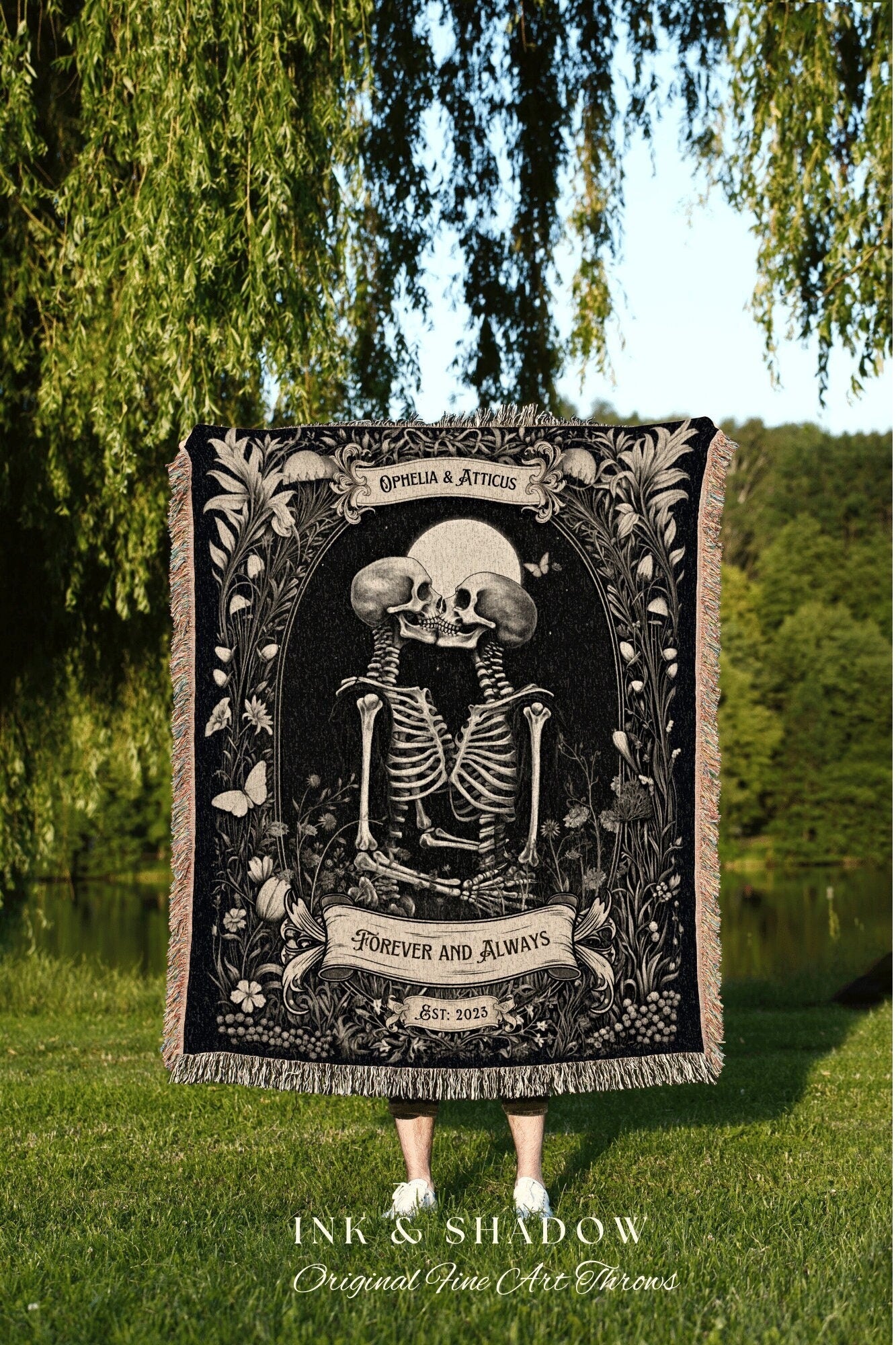 Moonlit Skeletons Couple Blanket | Personalized Wedding Anniversary Blanket Unique Couple Gift for Goths Custom Tapestry Meaningful Gifts |