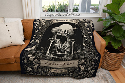 Moonlit Skeletons Couple Blanket | Personalized Wedding Anniversary Blanket Unique Couple Gift for Goths Custom Tapestry Meaningful Gifts |