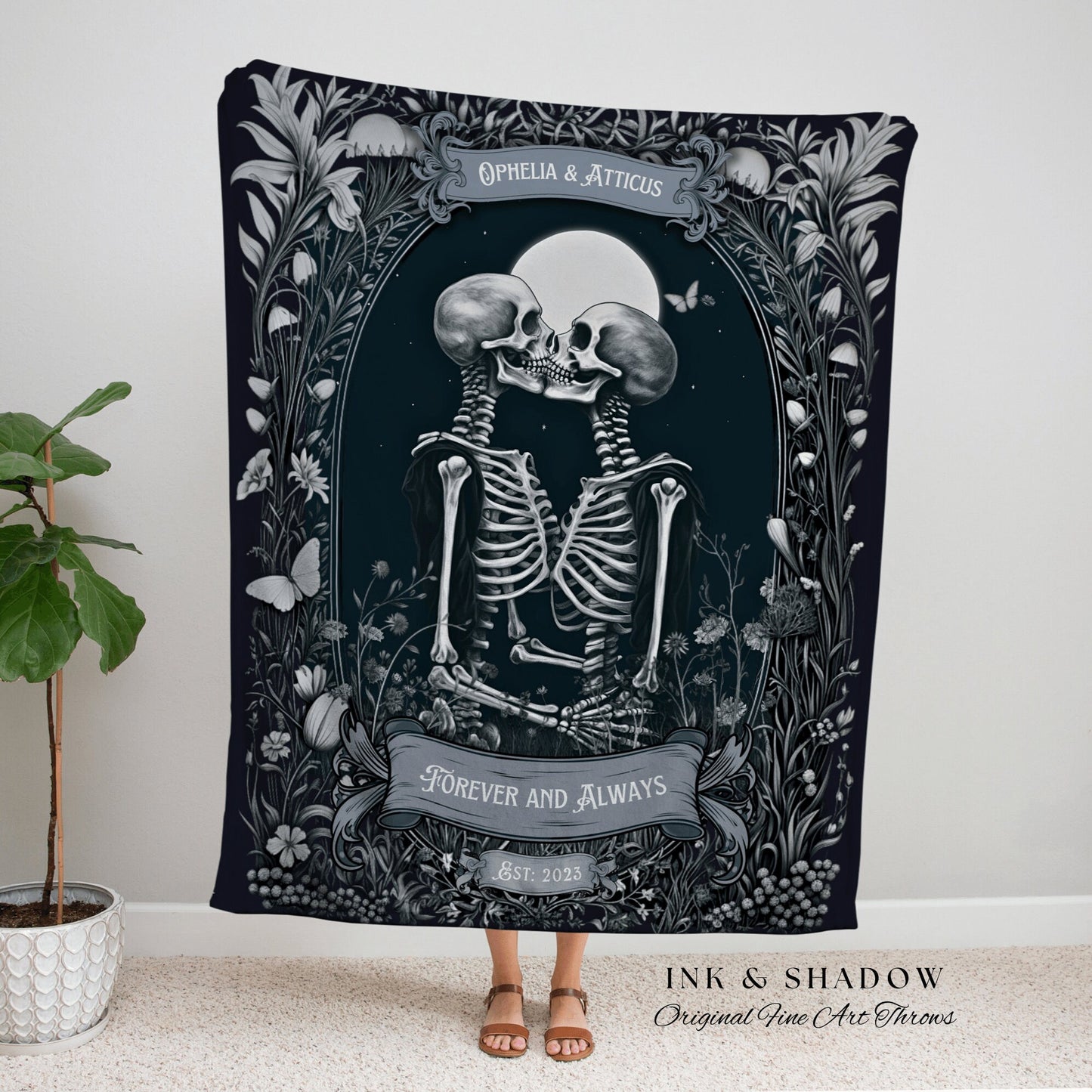 Skeleton Lovers Anniversary Blanket | Personalized Tapestry Gothic Wedding Custom Blanket Woven Tapestry Skeleton Couple Whimsical Wedding |