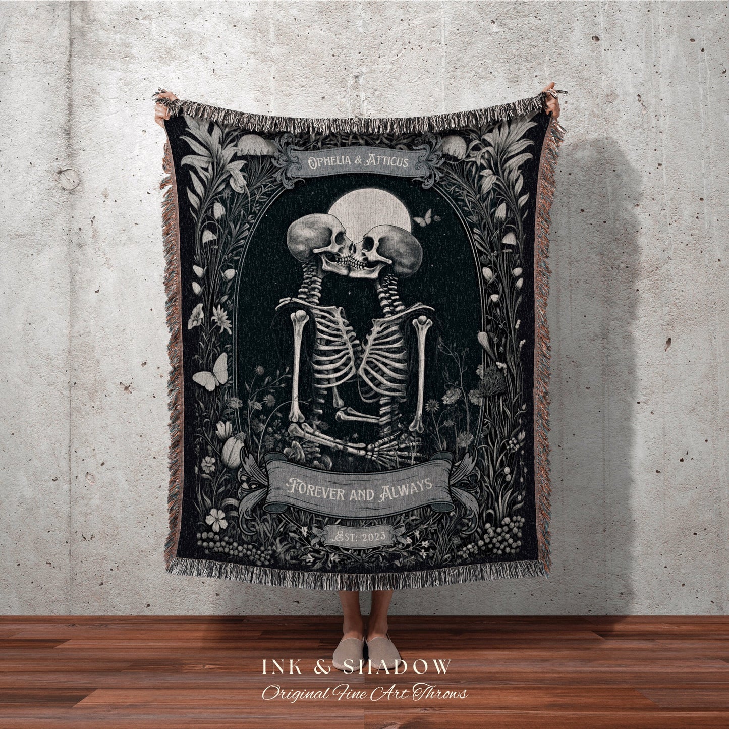 Skeleton Lovers Anniversary Blanket | Personalized Tapestry Gothic Wedding Custom Blanket Woven Tapestry Skeleton Couple Whimsical Wedding |