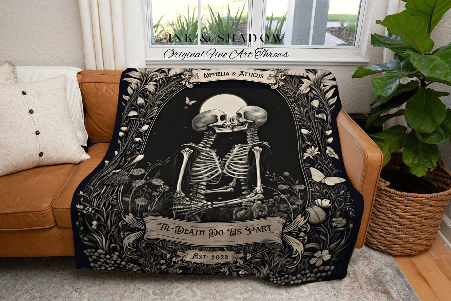 Whimsigoth Skeleton Couple Custom | Personalized Wedding Anniversary Blanket Spooky Gift for Goths Custom Ghost Gift Mr & Mrs Anniversary |