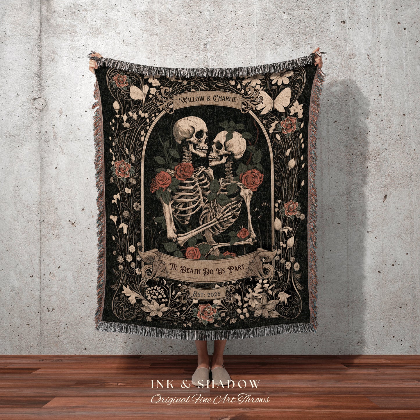 Dark Romantic Skeleton Blanket | Personalized Wedding Blanket Spooky Halloween Skeleton Tapestry His & Hers Anniversary Gift For Girlfriend