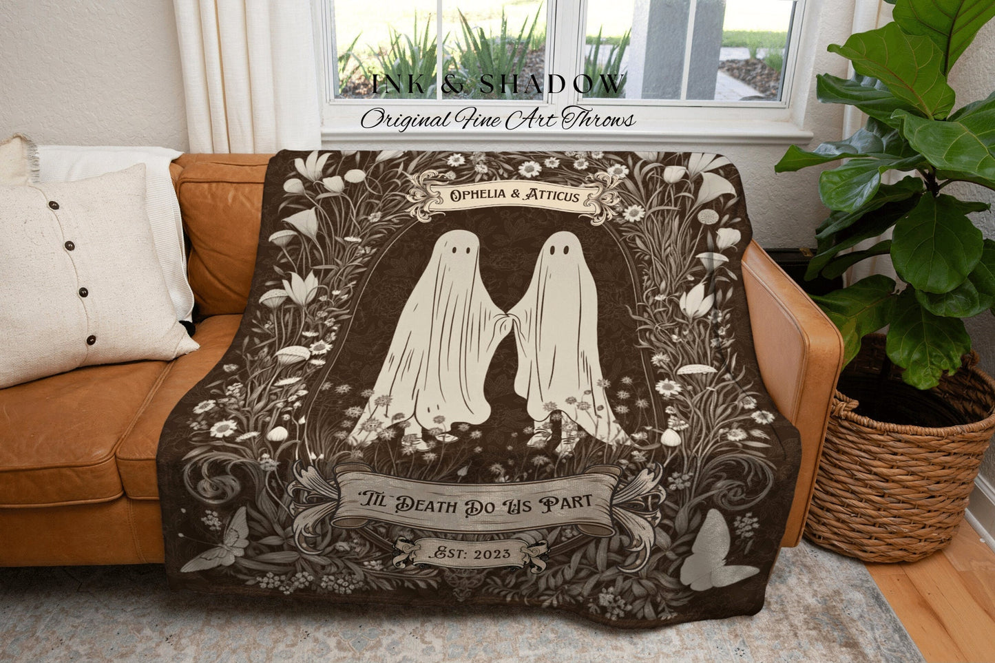 Dark Floral Ghost Blanket | Personalized Wedding Anniversary Blanket Spooky Gift for Goths Custom Ghost Gift Mr & Mrs Anniversary Meaningful