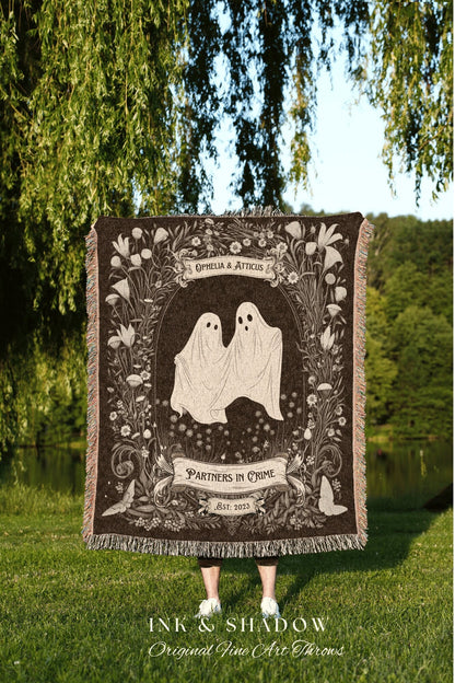 Spooky Ghost Couples Blanket | Personalized Wedding Blanket Spooky Halloween Tapestry Woven Ghost Gift for Goths Custom Anniversary Blanket