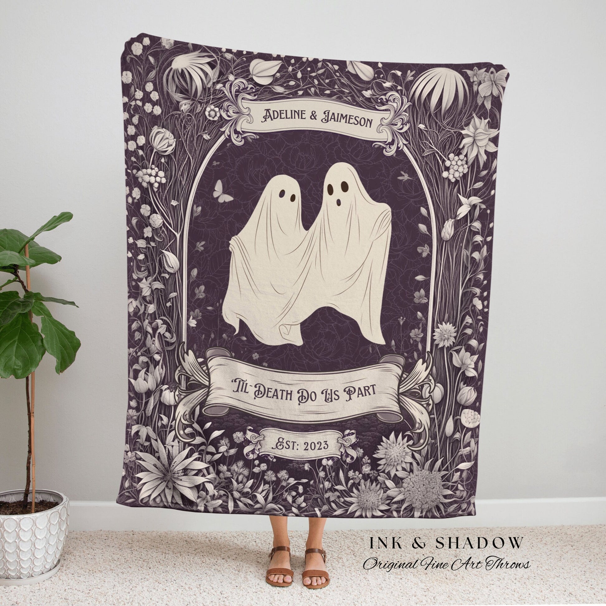 Whimsigothic Custom Couple Cute Ghost Lover Boho Fairycore Throw | Personalized Pastel Goth Cottagecore Wedding Tapestry Blanket Anniversary