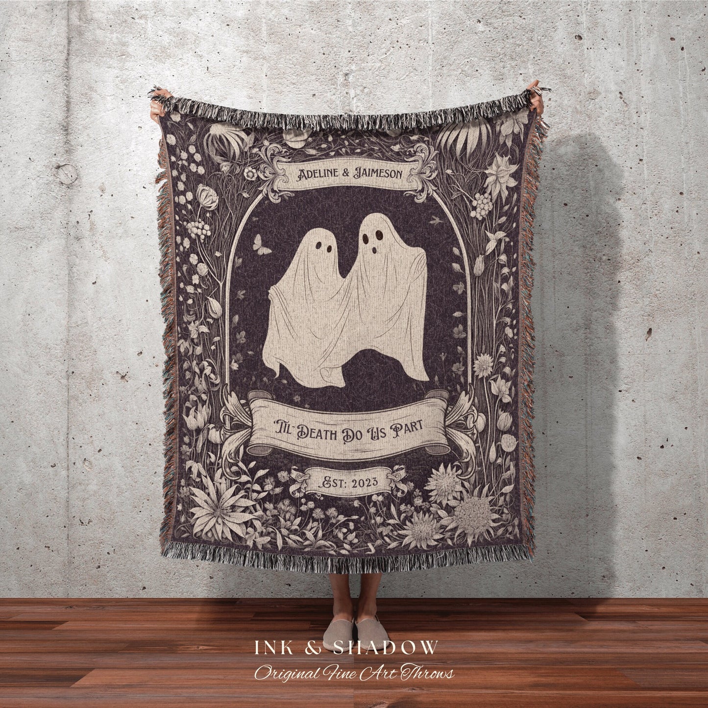 Whimsigothic Custom Couple Cute Ghost Lover Boho Fairycore Throw | Personalized Pastel Goth Cottagecore Wedding Tapestry Blanket Anniversary