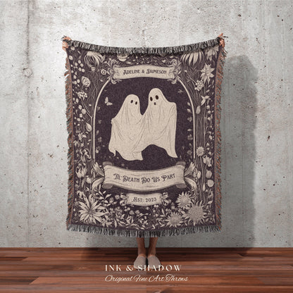 Whimsigothic Custom Couple Cute Ghost Lover Boho Fairycore Throw | Personalized Pastel Goth Cottagecore Wedding Tapestry Blanket Anniversary