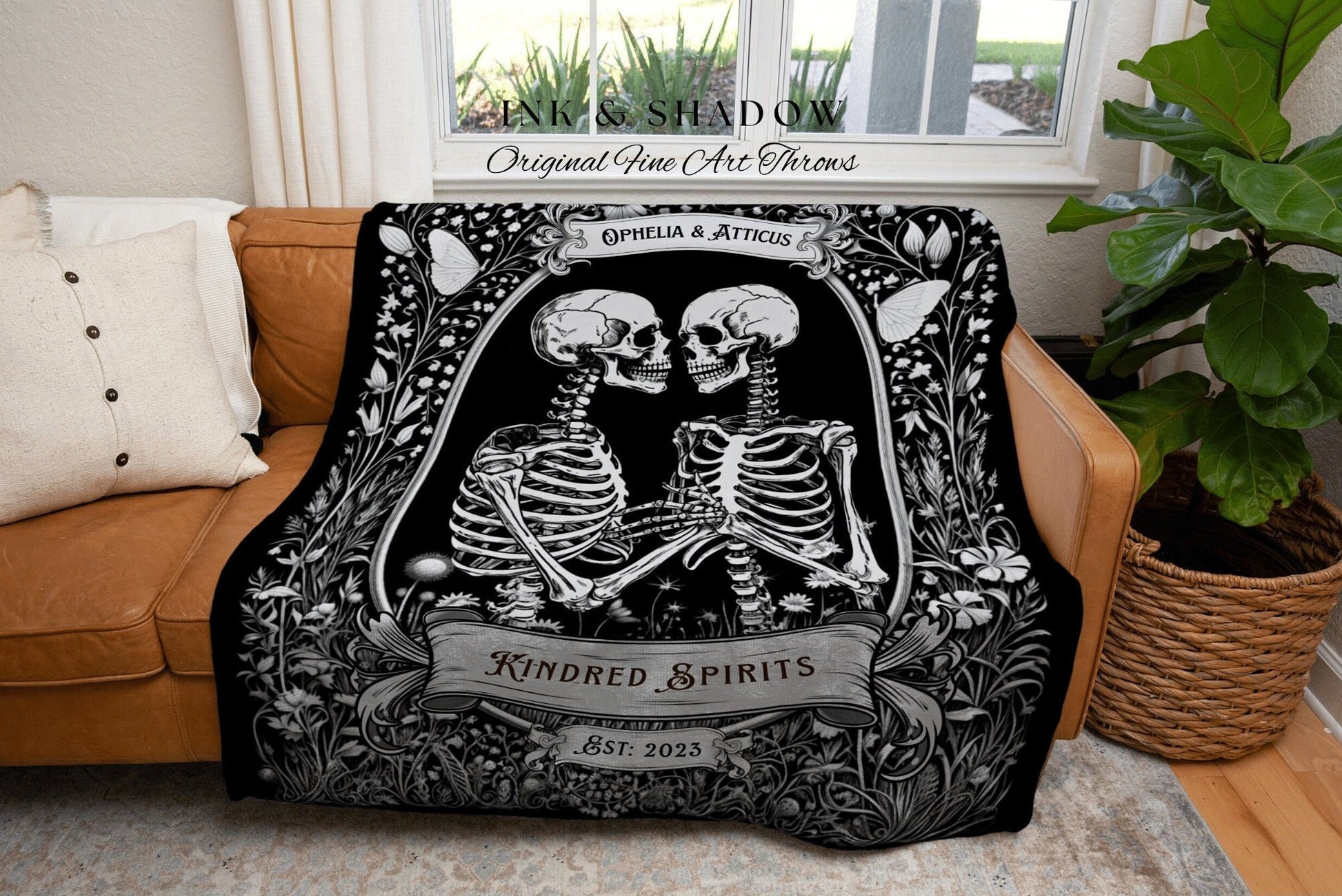 Kindred Spirits Skeleton Blanket | Personalized Best Friend Blanket Anniversary Gift for Goths Custom Skeleton Tapestry Bestie Blanket Goth