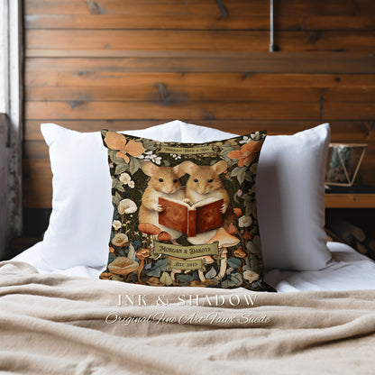 Woodland Mouse Couple Pillow Woven | Woodland Decor Custom Dating Anniversary Meaningful Gift for Couple Housewarming Gift Book Lover Custom